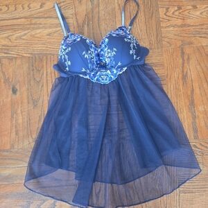 Victoria's Secret Navy Blue Floral Embroidered Babydoll Chemise